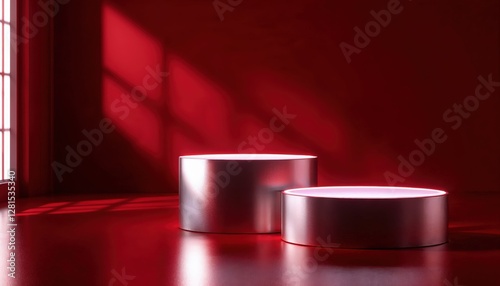 Red podium for presentation products on the red background