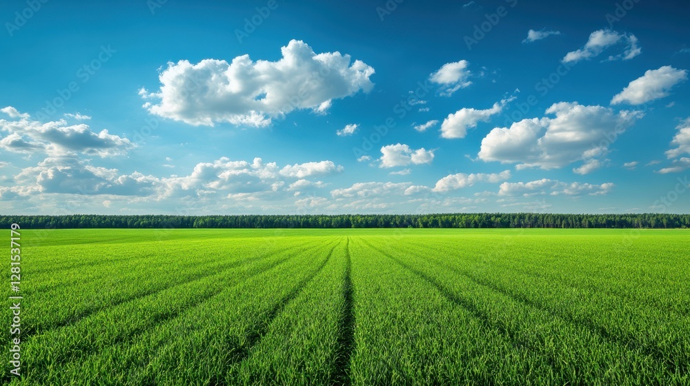 Vibrant green field under a clear blue sky with fluffy white clouds a serene landscape showcasing nature's beauty and tranquility in a rural setting Vibrant green field under a clear blue sky with fluffy white clouds a serene landscape showcasing nature's beauty and tranquility in a rural setting
