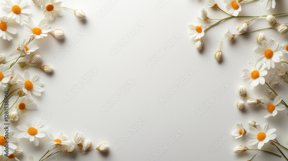 Fresh chamomile flowers on light background, creating serene vibe Fresh chamomile flowers on light background, creating serene vibe