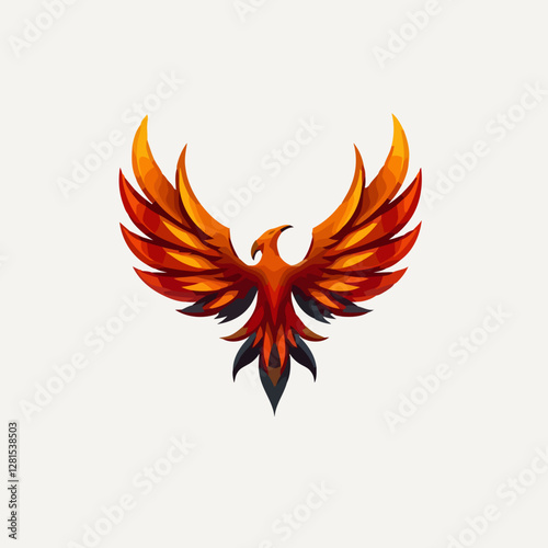This vector image depicts a stylized phoenix with vibrant orange, red, and yellow feathers, symbolizing rebirth and renewal. The wings are spread wide, and the tail feathers transition to dark shades,