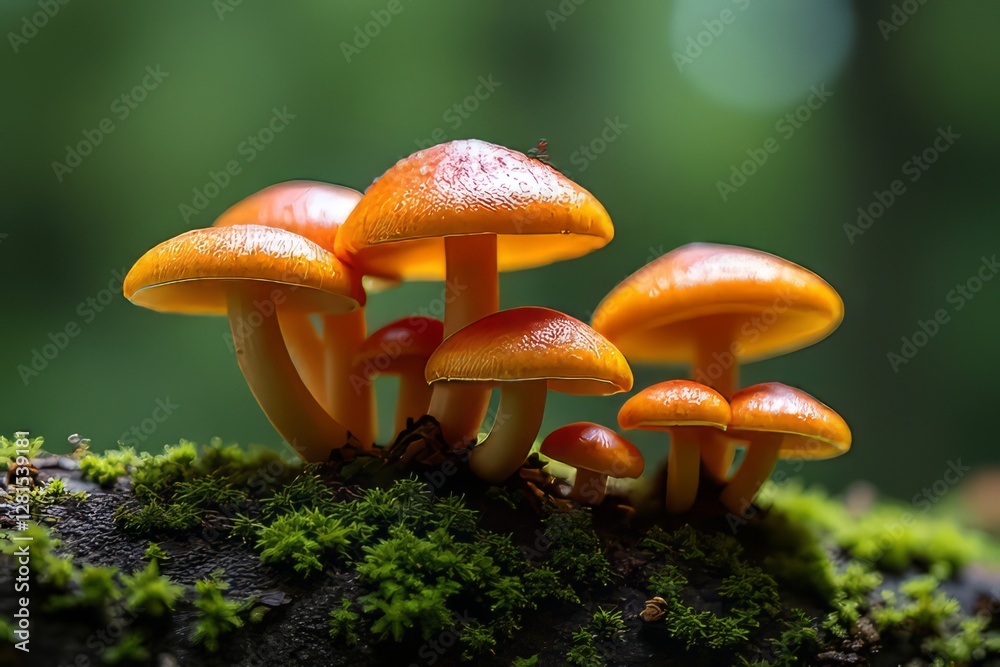 Fototapeta premium Close-up of Orange Mushrooms Growing on Mossy Log in Forest