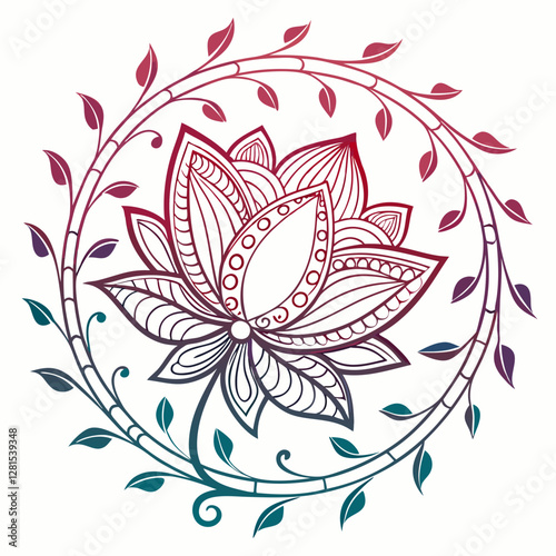  This vector image features a detailed, symmetrical lotus flower with intricate patterns inside its petals, encircled by a vine with leaves. The gradient coloring transitions from red to blue, adding 