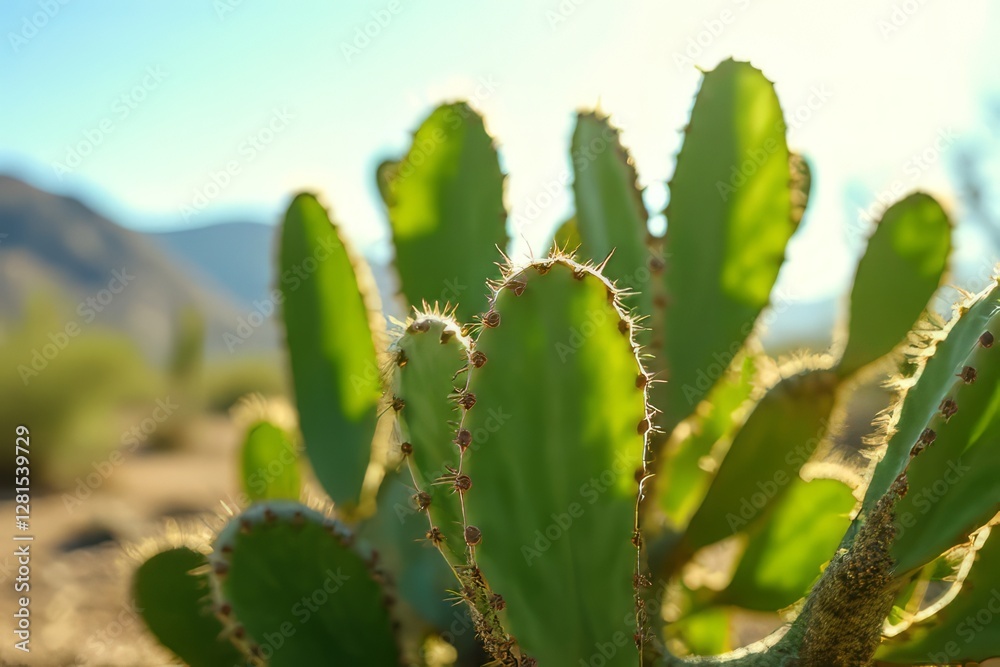 Closeup of Prickly Pear Cactus in Desert Landscape