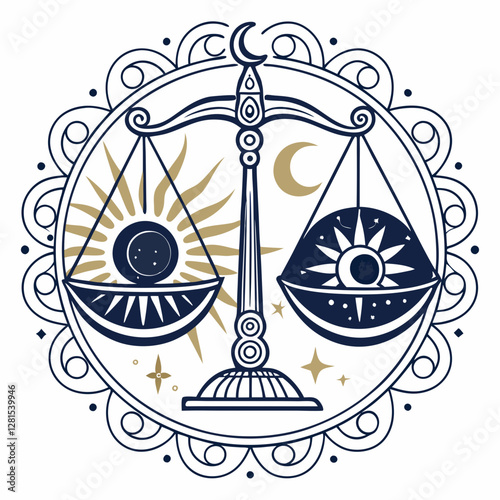 Elegant vector illustration of a celestial balance scale with sun and moon elements. Mystic, zodiac, and astrology-inspired design, perfect for spirituality, tarot, and esoteric themes.