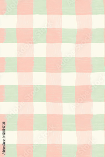 Illustration of a whimsical gingham pattern in pastel shades of pink and mint green. The soft, checked design is light hearted and charming, ideal for spring dresses and country style home decor.