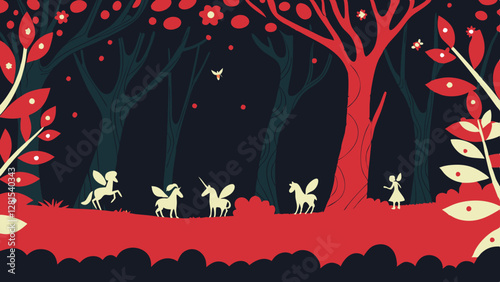 Enchanted forest scene with fairies, unicorns, and magical creatures in a whimsical fantasy setting. Dreamy vector illustration perfect for storybooks, fantasy art, and mystical themes.