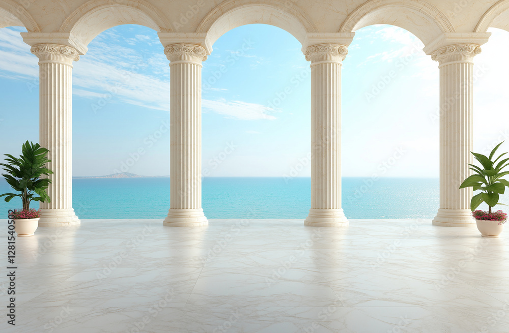 Fototapeta premium serene view of white marble columns with arches overlooking tranquil sea. Lush green plants in pots enhance elegant atmosphere, creating peaceful and inviting space