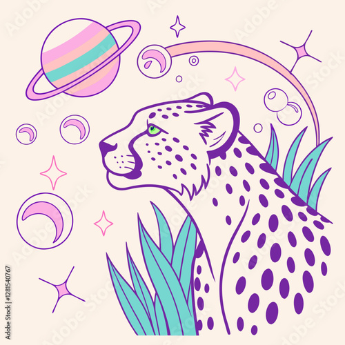 A cosmic-themed illustration of a cheetah gazing at outer space, surrounded by planets, moons, and glowing stars. Vibrant pastel hues create a dreamy, futuristic, and mystical aesthetic.