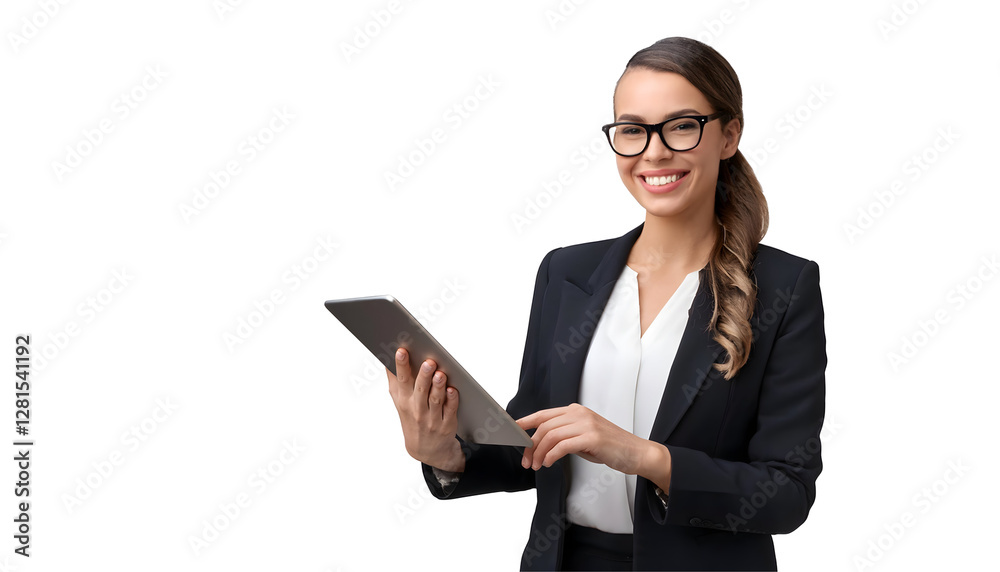 Portrait of a smiling businesswoman holding tablet, business concept, isolated on transparent background Portrait of a smiling businesswoman holding tablet, business concept, isolated on transparent background