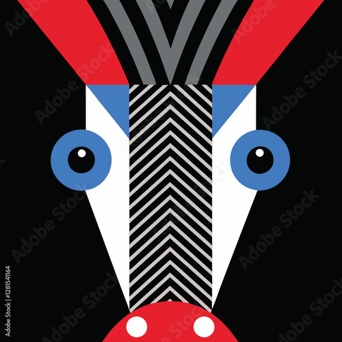 A bold, geometric zebra illustration with a modern, abstract style. Strong contrasts of black, white, red, and blue create a striking visual impact, perfect for contemporary graphic design.