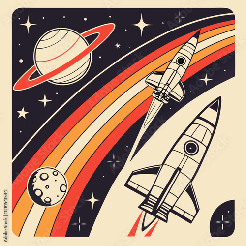 Retro-futuristic space vector illustration featuring rockets, planets, and a cosmic rainbow in a vintage-inspired style. Perfect for posters, apparel, branding, and sci-fi-themed designs.