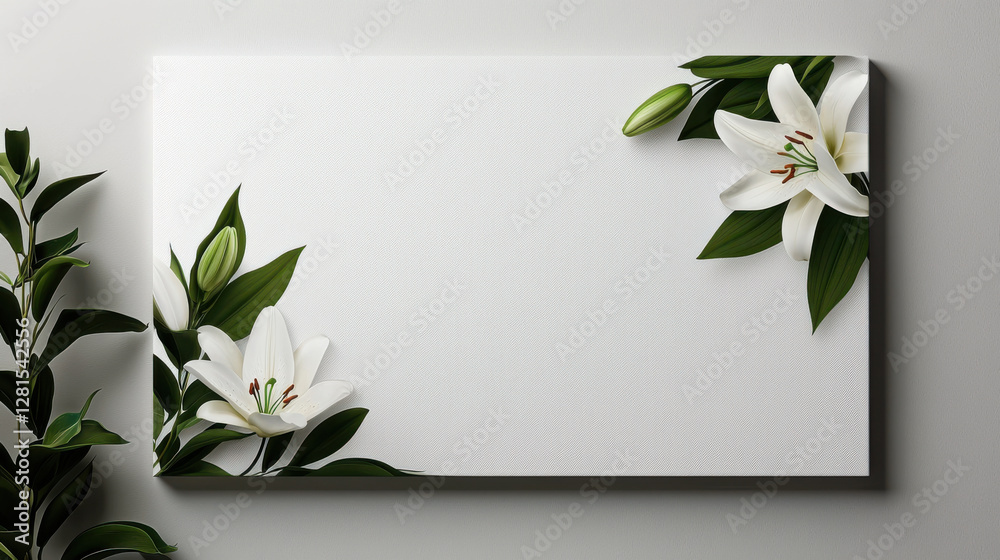Elegant white lilies with green leaves on blank canvas Elegant white lilies with green leaves on blank canvas