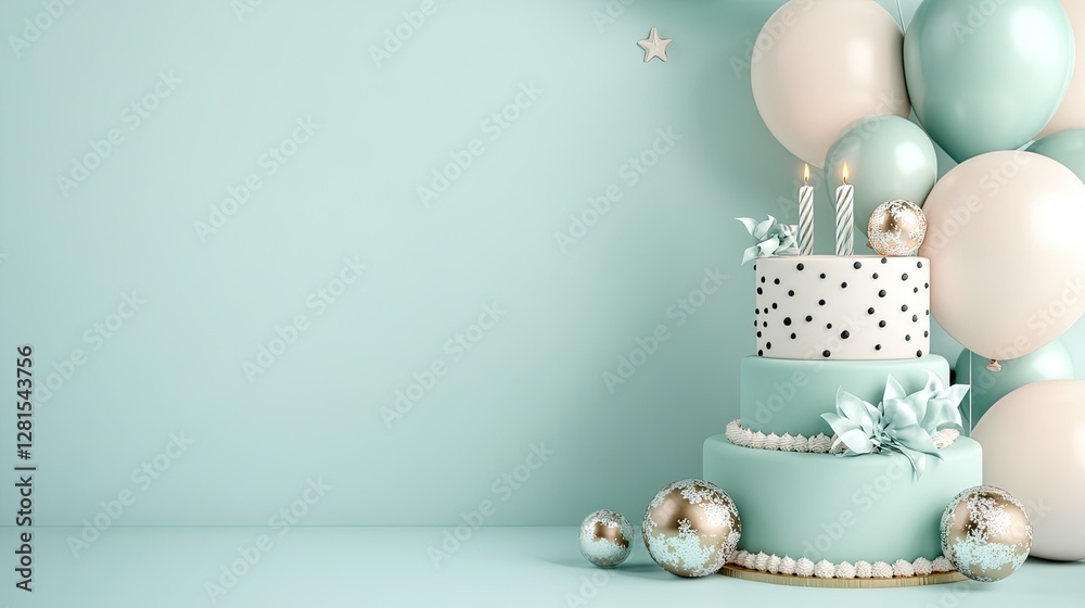 Vibrant three-tier birthday cake with polka dots and balloons stands elegantly against a pastel backdrop for a children's party