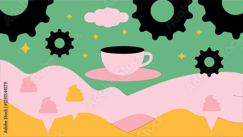 Surreal vector illustration featuring a floating coffee cup over a dreamy landscape with rolling pink hills, gears, clouds, and golden swirls. A fusion of industrial and whimsical elements.