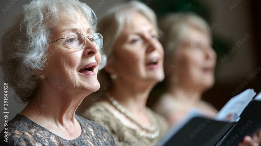 Senior women singing in unison, reading musical score, sharing emotional performance during choral concert with synchronized voices Senior women singing in unison, reading musical score, sharing emotional performance during choral concert with synchronized voices