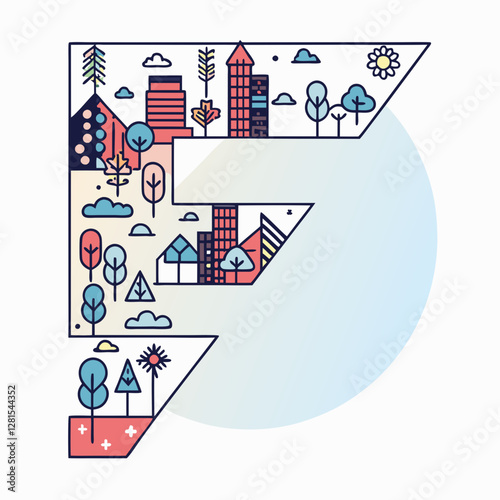 A creative cityscape illustration integrated into the shape of the letter 
