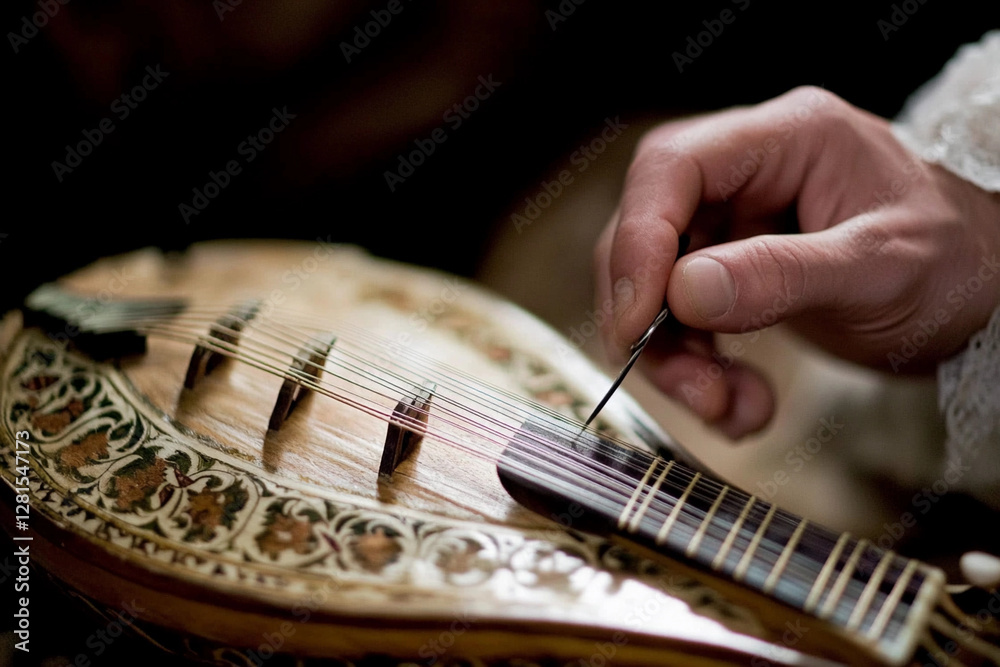 Fototapeta premium Hand carefully tuning the strings of a mandolin in a quiet, cozy setting during a leisurely afternoon
