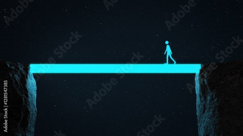 Person Walking on Neon Bridge over Dark Abyss in Starry Night Sky