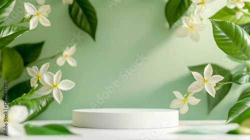 3D render of a white podium with a nature-inspired green background and jasmine flowers for product presentation