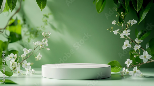3D render of a white podium with a nature-inspired green background and jasmine flowers for product presentation