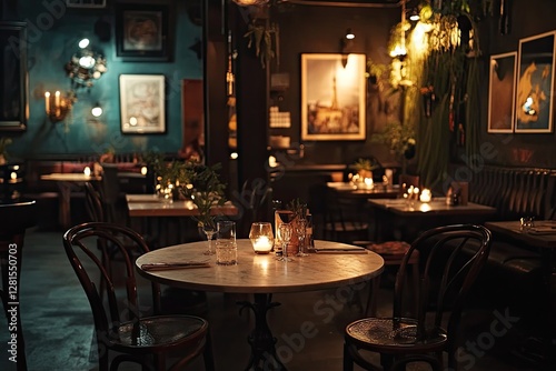 Elegant restaurant interior with dim lighting, candlelit tables, and artistic decor