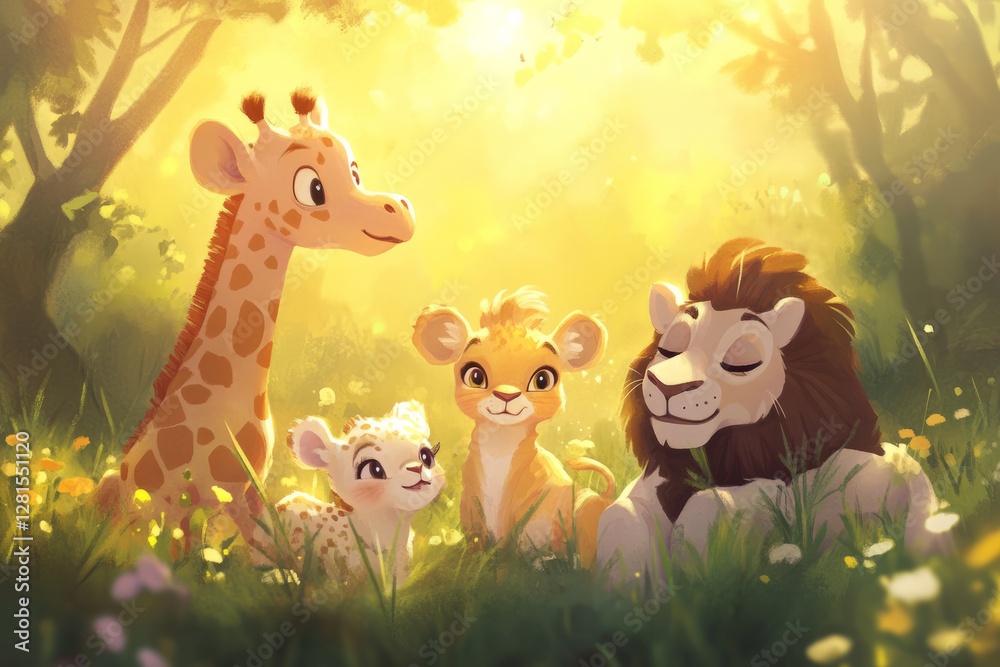 Naklejka premium Illustration of a small group of baby animals, including a baby giraffe, a baby zebra, and a baby lion, all playfully interacting in a sunlit meadow. The soft, pastel colors and cute expressions evoke
