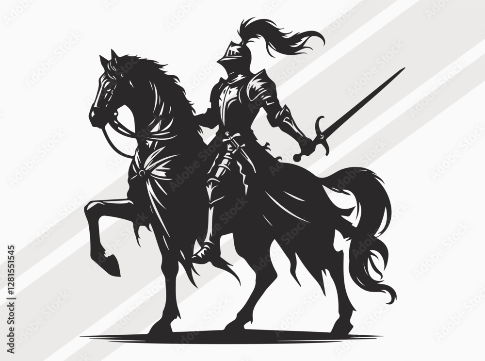 Fototapeta premium Medieval Knight Silhouette Black Color Ancient Warrior Vector Art and Clipart