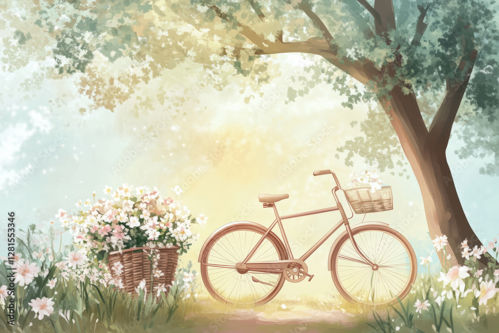 Fototapeta premium Illustration of a vintage bicycle leaning against a tree, with a basket full of fresh flowers. The soft, pastel colors and gentle light create a calm and peaceful atmosphere, evoking a sense of