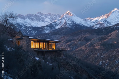 contemporary mountain retreat featuring floortoceiling windows natural stone facade and cantilevered deck overlooking snowcapped peaks at twilight