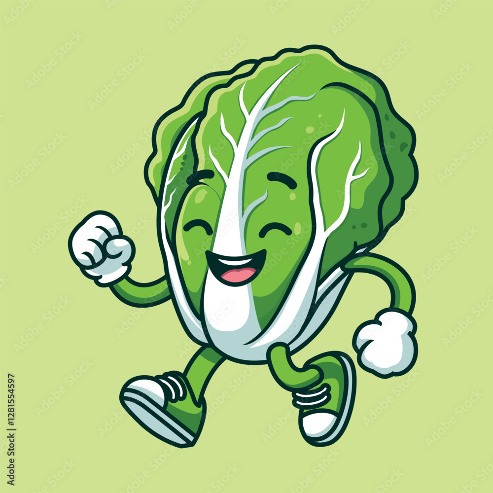 Obraz premium Happy Napa Cabbage Character Cute and Energetic Vegetable Mascot Chinese Cabbage