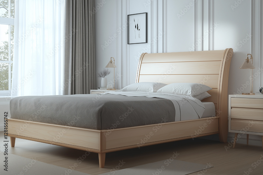 Fototapeta premium Serene Minimalist Bedroom Design with Light Wood Platform Bed