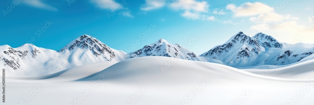 Fototapeta Majestic Snow Covered Mountains Under Bright Blue Sky with Soft Clouds