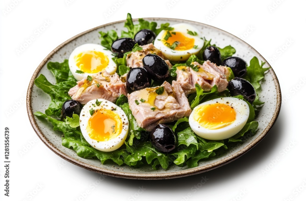Tuna, egg, olive salad on plate against white background Tuna, egg, olive salad on plate against white background