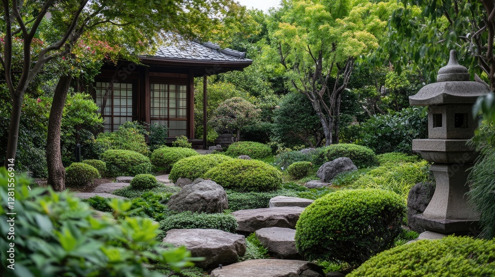 Small-scale Japanese garden with delicate shrubs, stone lanterns, and a house partially hidden behind lush trees. Small-scale Japanese garden with delicate shrubs, stone lanterns, and a house partially hidden behind lush trees.
