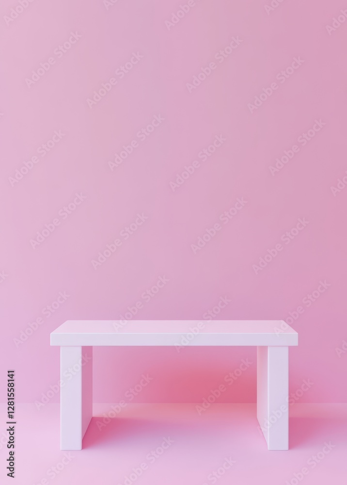 Minimalist Pink Table: A minimalist, solid table in soft pink stands in front of a clean pink backdrop, its simple design highlighting modern aesthetics and the play of light and shadow. Minimalist Pink Table: A minimalist, solid table in soft pink stands in front of a clean pink backdrop, its simple design highlighting modern aesthetics and the play of light and shadow.