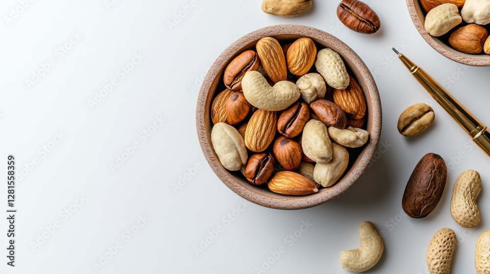 Healthy mixed nuts in bowl with pen nearby Healthy mixed nuts in bowl with pen nearby