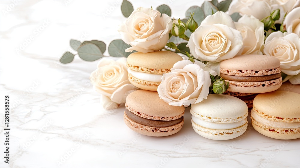 Delicate macarons in pastel colors displayed next to fresh roses on a marble surface with gentle lighting creating a serene atmosphere Delicate macarons in pastel colors displayed next to fresh roses on a marble surface with gentle lighting creating a serene atmosphere