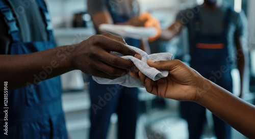 African teamwork: workers exchanging cloth in collaborative effort