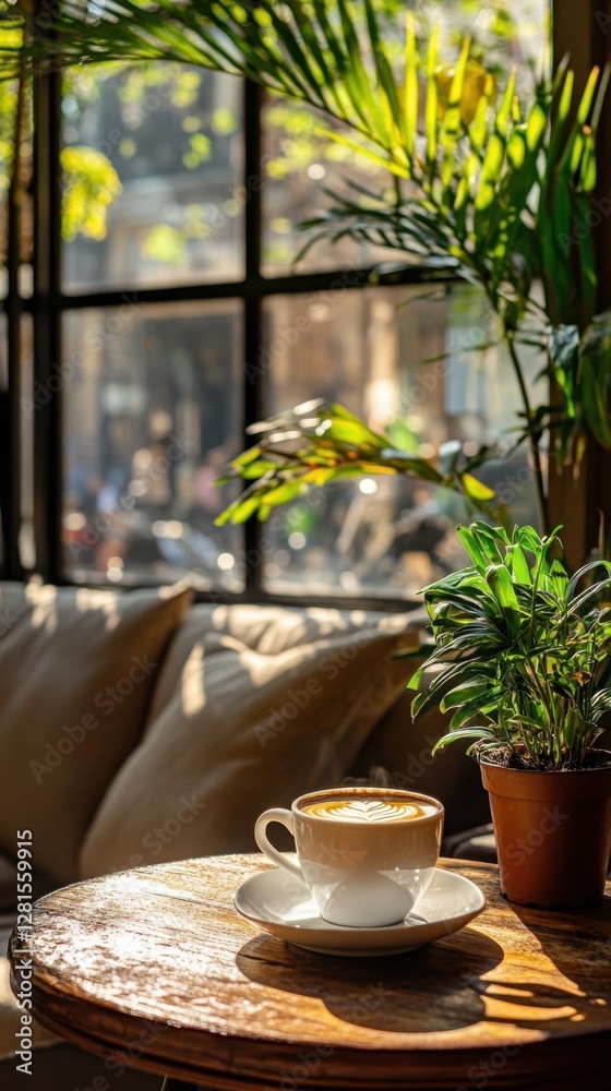 Warm Coffee Cup on Wooden Table with Sunlight and Green Plants in Cozy Cafe Setting for Relaxation and Enjoyment Warm Coffee Cup on Wooden Table with Sunlight and Green Plants in Cozy Cafe Setting for Relaxation and Enjoyment