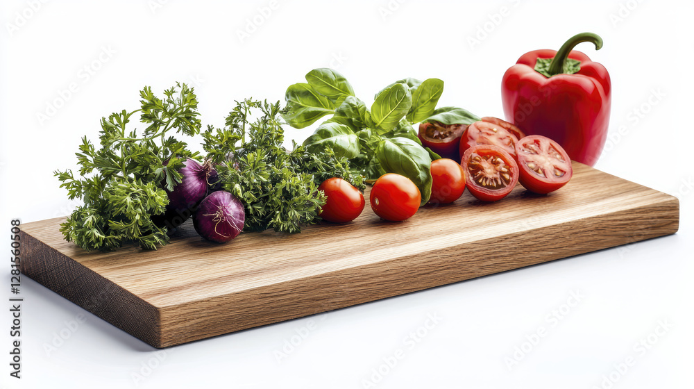 Fresh vegetables on wooden chopping board, including tomatoes, basil, and bell pepper, create vibrant and healthy scene Fresh vegetables on wooden chopping board, including tomatoes, basil, and bell pepper, create vibrant and healthy scene
