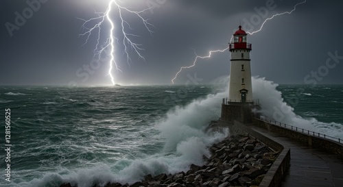 Lighthouse endures a fierce storm with lightning strikes illuminating the sea photo