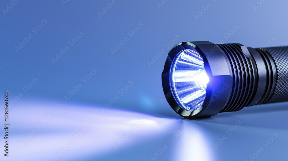 close up of modern flashlight emitting bright blue light, showcasing its sleek design and functionality close up of modern flashlight emitting bright blue light, showcasing its sleek design and functionality