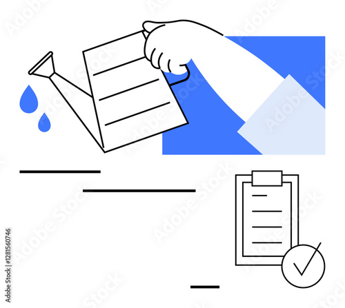 Hand pours water from watering can onto checklist clipboard. Droplets suggest growth. Ideal for productivity, goals, self-discipline, time management, organization, motivation, abstract line flat