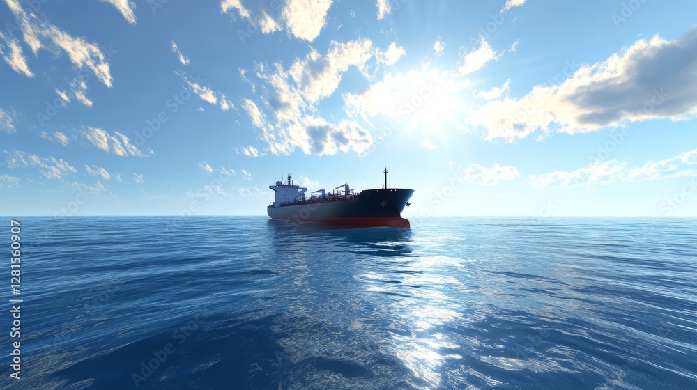 Fototapeta premium Large Cargo Ship Navigates Calm Blue Waters Under a Bright Afternoon Sky With Scattered Clouds Near the Horizon