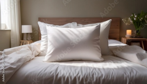 Fluffy pillow mockup on a neatly made bed with soft linen sheets, bathed in diffused light—perfect for home decor, bedding product marketing, and lifestyle photography.
