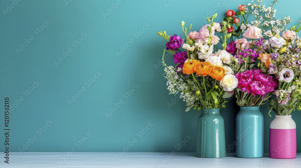 Fototapeta premium Bright and colorful flower arrangements in vases against teal wall