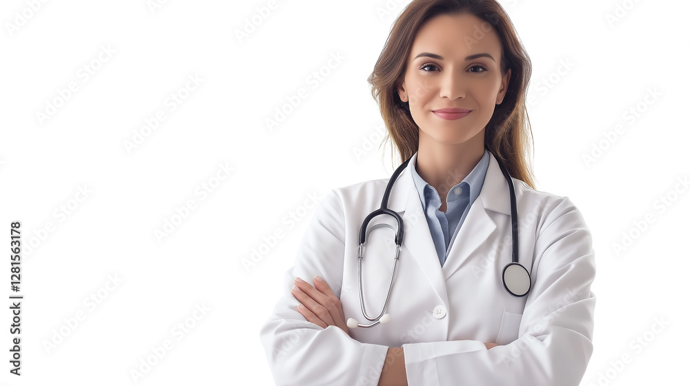 Portrait of a kind and friendly female doctor, wearing a white lab coat, stethoscope around her neck, confident yet warm expression, isolated PNG Portrait of a kind and friendly female doctor, wearing a white lab coat, stethoscope around her neck, confident yet warm expression, isolated PNG