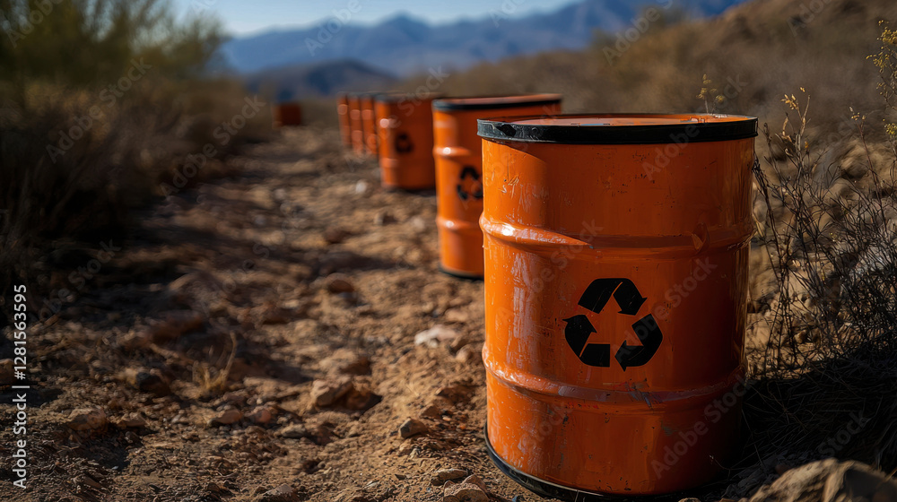 Orange barrels lined up on dirt path in desert landscape