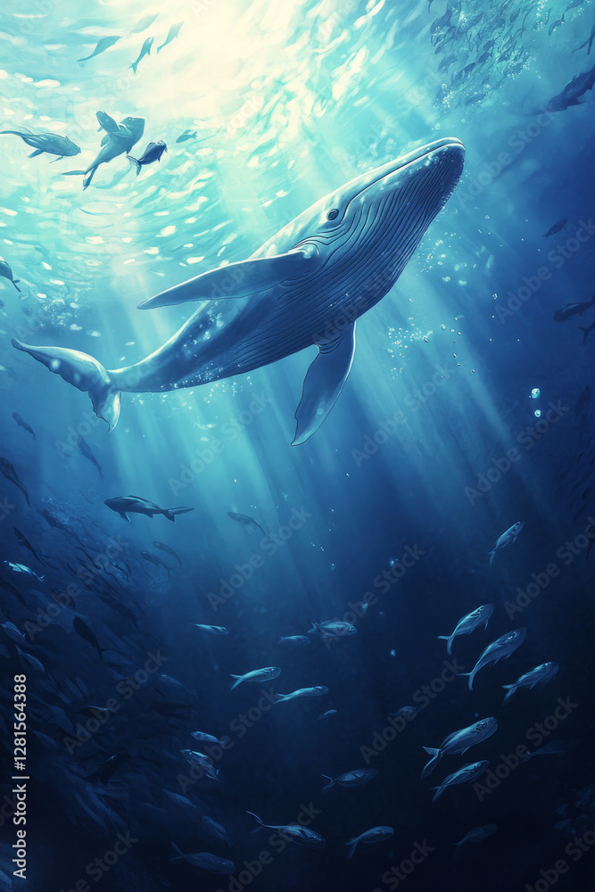 Fototapeta premium Illustration of a majestic whale swimming through the deep ocean, surrounded by schools of smaller fish. The serene blue of the water and the graceful movement of the whale evoke a feeling of wonder