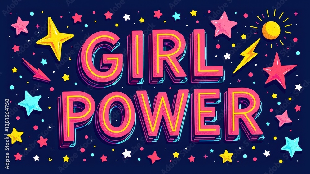 Feminine and fierce design with 'Girl Power' in dynamic brush strokes, surrounded by empowering icons like hearts, and flowers on dark background Feminine and fierce design with 'Girl Power' in dynamic brush strokes, surrounded by empowering icons like hearts, and flowers on dark background